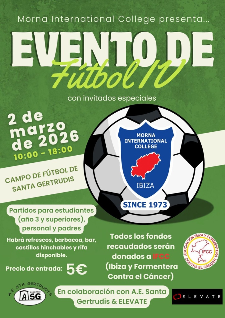 Cartel del Torneo de fútbol solidario del colegio Morna International College a favor de IFCC
